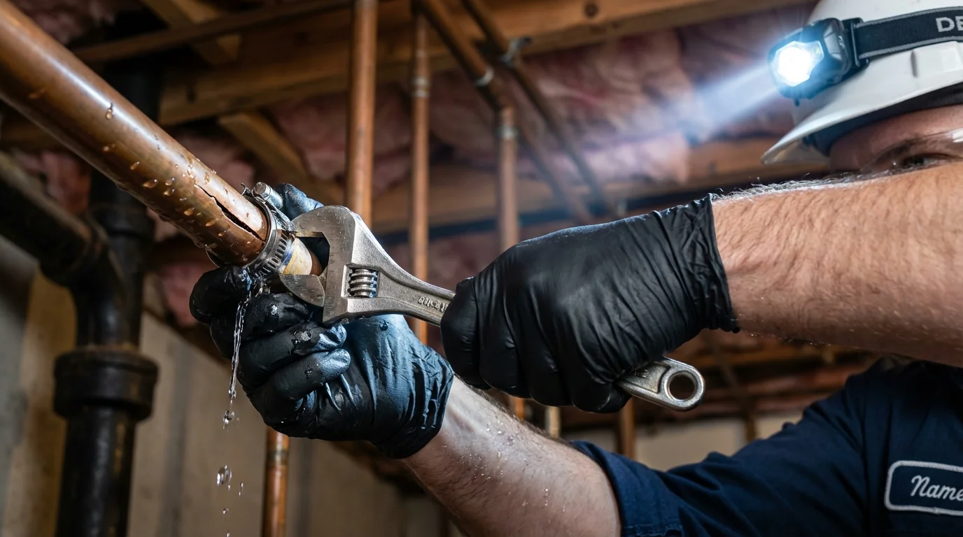 Emergency pipe clamp repair being performed by a Johns Plumbing LLC plumber in Whiteriver
