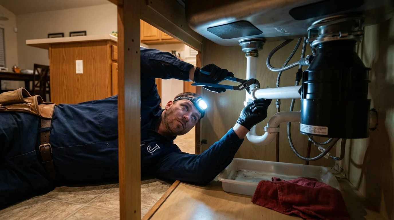 P-trap and supply line connections under a kitchen sink showing a common leak point in Whiteriver, AZ